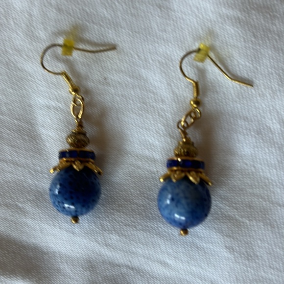 Earrings.Lapis blue with tiny blue stones between gold plated findings. - Picture 2 of 2
